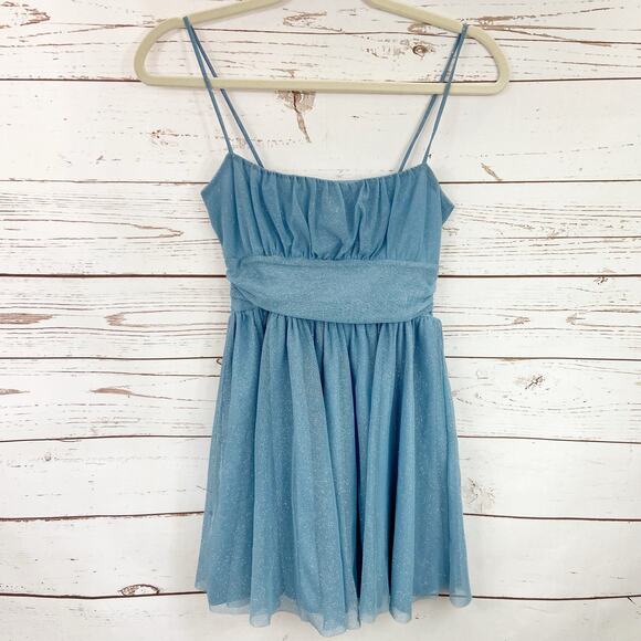 Windsor S Baby Blue Glitter Tulle Mesh Fit Flare Skater Ruched Short Mini Dress - Picture 4 of 8